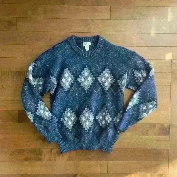 L.L.Bean | Vintage 80s blue wool silk  blend geometric knit sweater size large - Picture 1 of 3